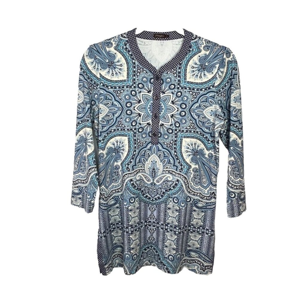J McLaughlin Womens Tunic Top Sz S Paisley 3/4 Sleeve Boho Coastal Stretchy